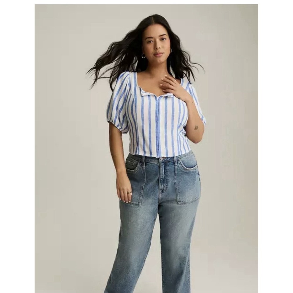 Torrid Plus Size Striped Crop Puff Shoulder Top Women 2X White Blue Preppy Beach